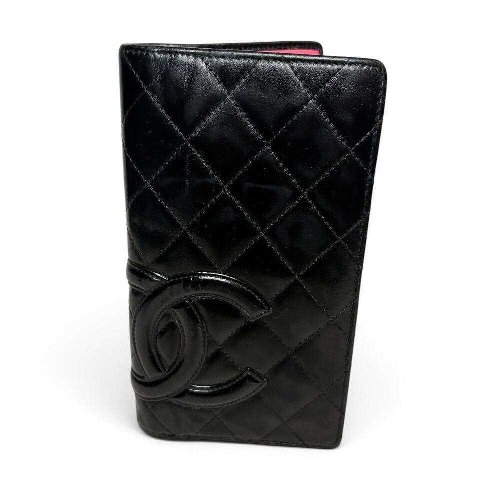 Chanel Cambon Ligne Black Quilted Leather Long Bifold Wallet Pink Interior